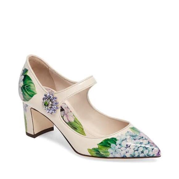 Dolce & Gabbana Leather Hydrangea Floral Print Pumps White Purple Multi 35 - Picture 1 of 4